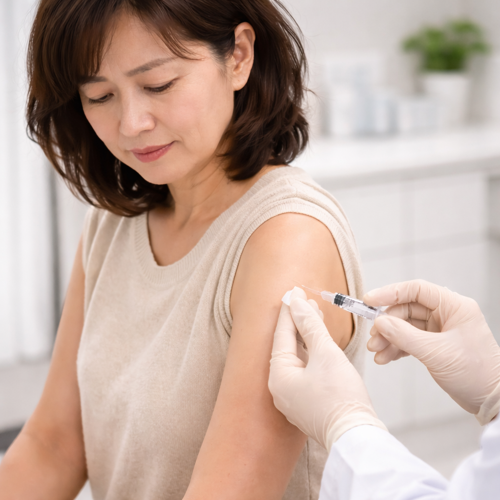 의료진이 상완에 예방접종을 시행하는 장면