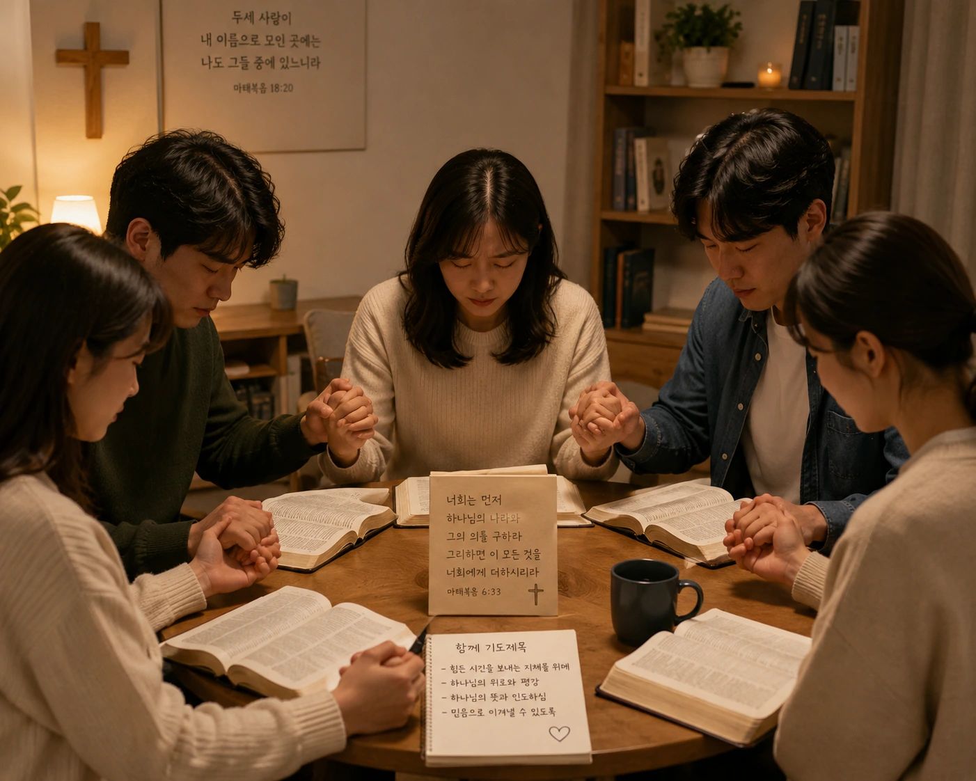 고난 중에 있는 지체를 위해 함께 손을 잡고 기도하며 하나님의 뜻을 구하는 크리스천 소그룹 동역자들의 모습