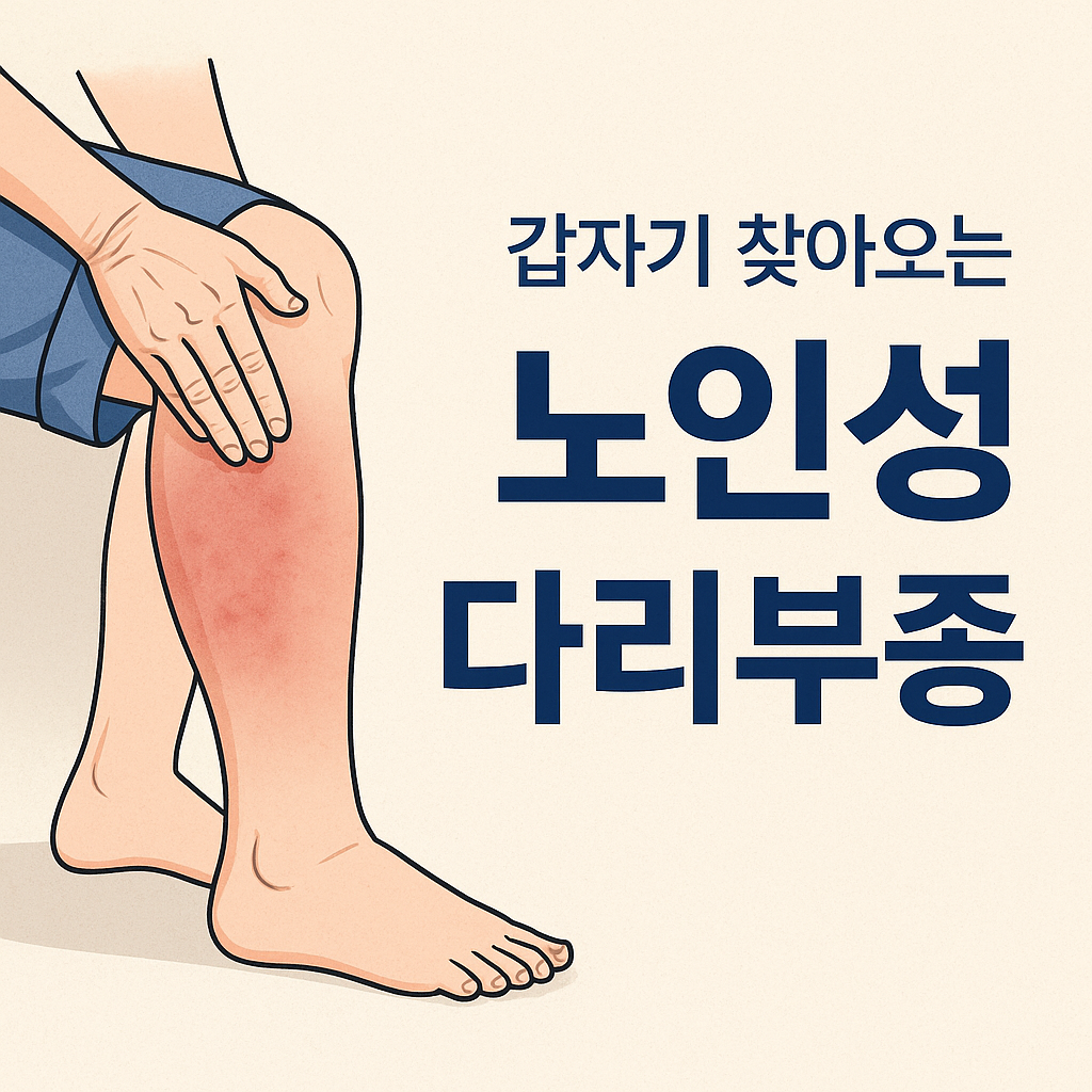 노인성 다리부종으로 붓고 무거워진 다리를 잡고 있는 모습의 의료 일러스트