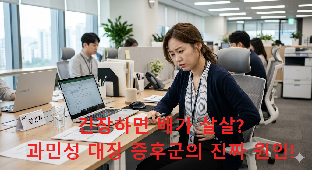 사무실에서 스트레스를 받아 배를 움켜쥐고 있는 직장인