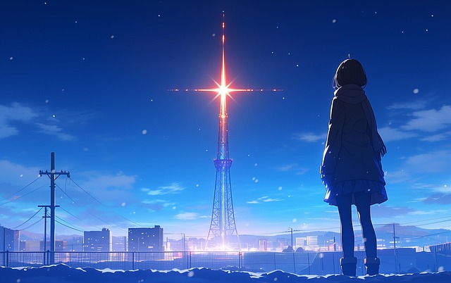 해질녁 도시를 바라보는 소녀 애니메이션