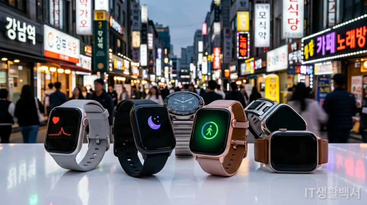 다양한 건강 관리 기능 아이콘이 표시된 스마트워치들이 놓여 있고, 뒤로는 한국의 번화한 거리가 흐릿하게 보인다.