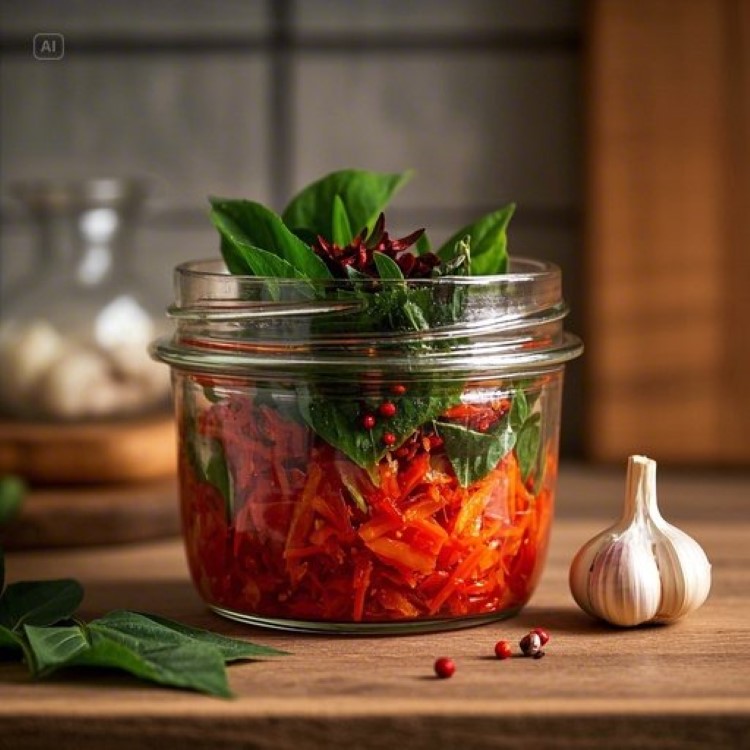 투명한 유리 용기에 가지런히 담긴 빨간 양념의 깻잎김치, 신선한 깻잎과 고춧가루, 마늘 등 양념 재료들이 주변에 보기 좋게 배치된 따뜻한 주방 배경의 음식 사진