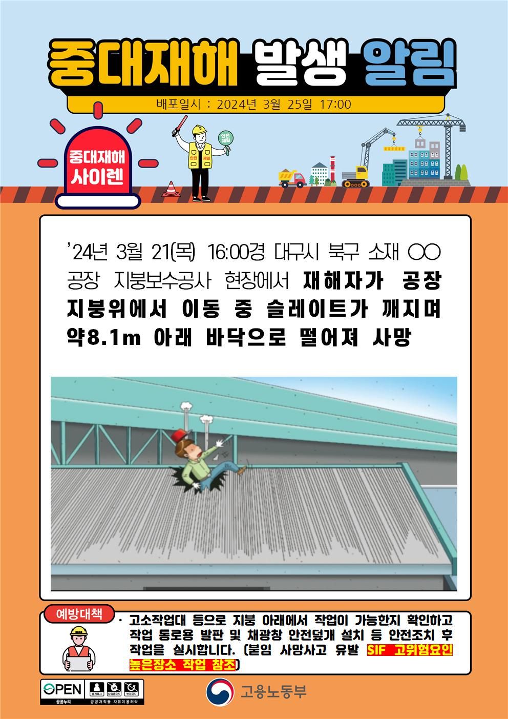 지붕 보수작업을 위해 지붕위에서 이동 중 슬레이트가 깨지며 떨어짐(8.1m)