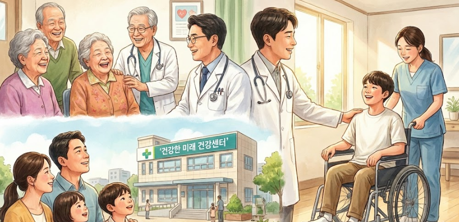 웃고 있는 다양한 저소득층 사람들이 의료 혜택을 받거나 희망찬 미래를 바라보는 모습, 개선된 의료 접근성과 삶의 질 향상을 상징하는 밝고 따뜻한 이미지