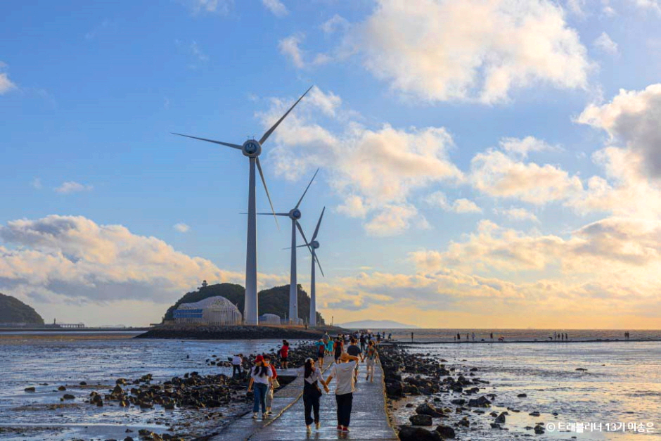 갯벌 사이길로 사람들이 걸어가고 있다.