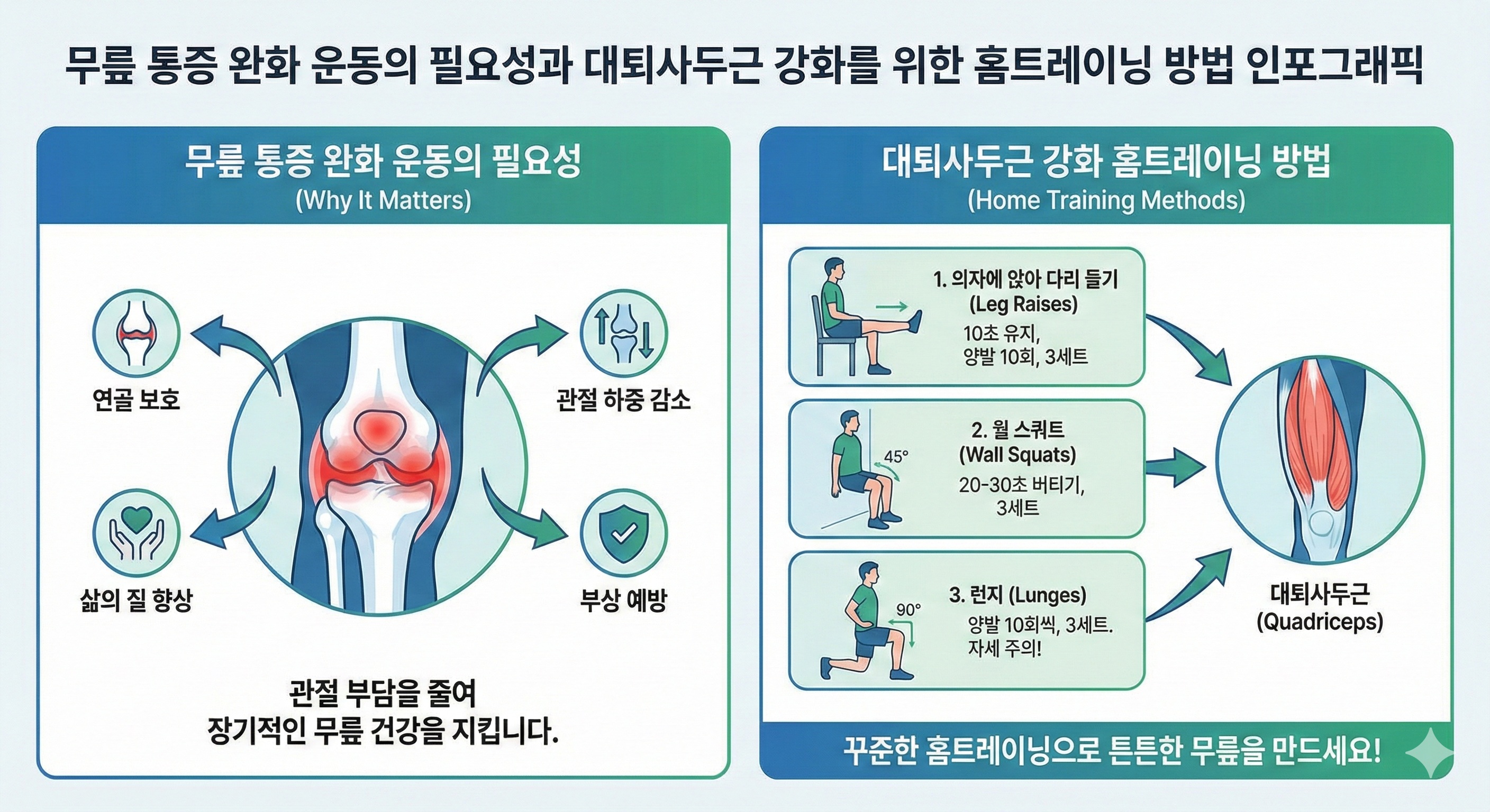 무릎 통증 완화 운동의 필요성과 대퇴사두근 강화를 위한 홈트레이닝 방법 인포그래픽 이미지