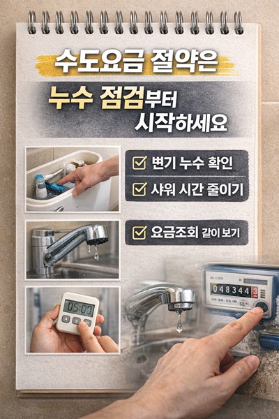 변기 누수와 수도꼭지 점검, 샤워 시간 줄이기, 자가검침과 요금조회 확인으로 수도요금을 절약하는 방법을 보여주는 체크리스트 이미지