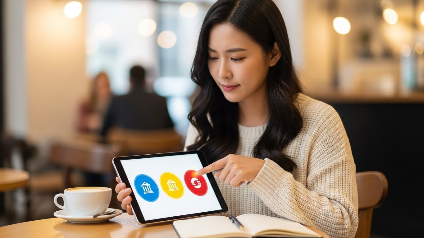 태블릿 PC로 토스뱅크, 케이뱅크 등 인터넷 전문은행의 파킹통장 금리를 비교하는 한국 여성