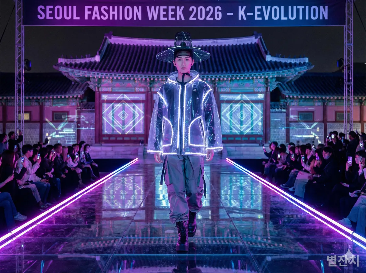 2026년 서울 패션쇼 런웨이에서 현대적으로 재해석된 갓을 쓴 모델의 힙한 모습