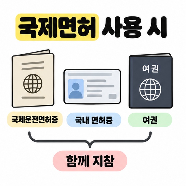 국제운전면허증 책자와 국내 면허 카드, 여권을 나란히 배치하고 함께 지참이라는 문구로 묶은 도식