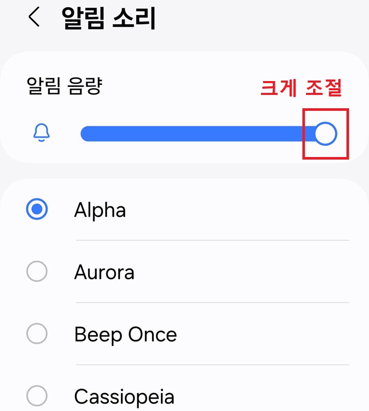 알림 소리 설정 페이지 보임