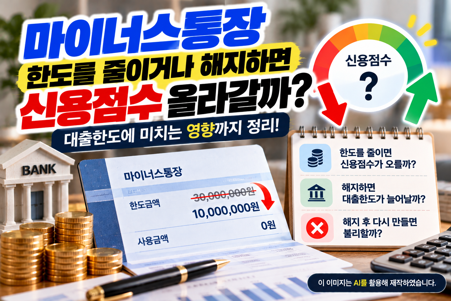 마이너스통장 한도 축소 및 해지가 신용점수와 대출한도에 미치는 영향을 설명하는 이미지