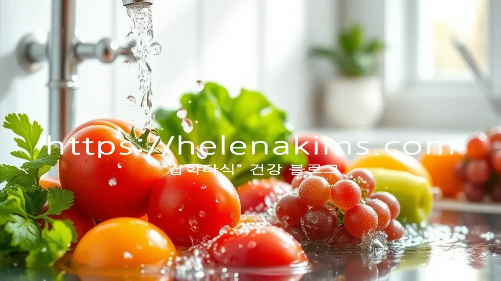 깨끗한 주방 싱크대에서 싱싱한 과일과 채소를 흐르는 물에 씻고 있는 모습.