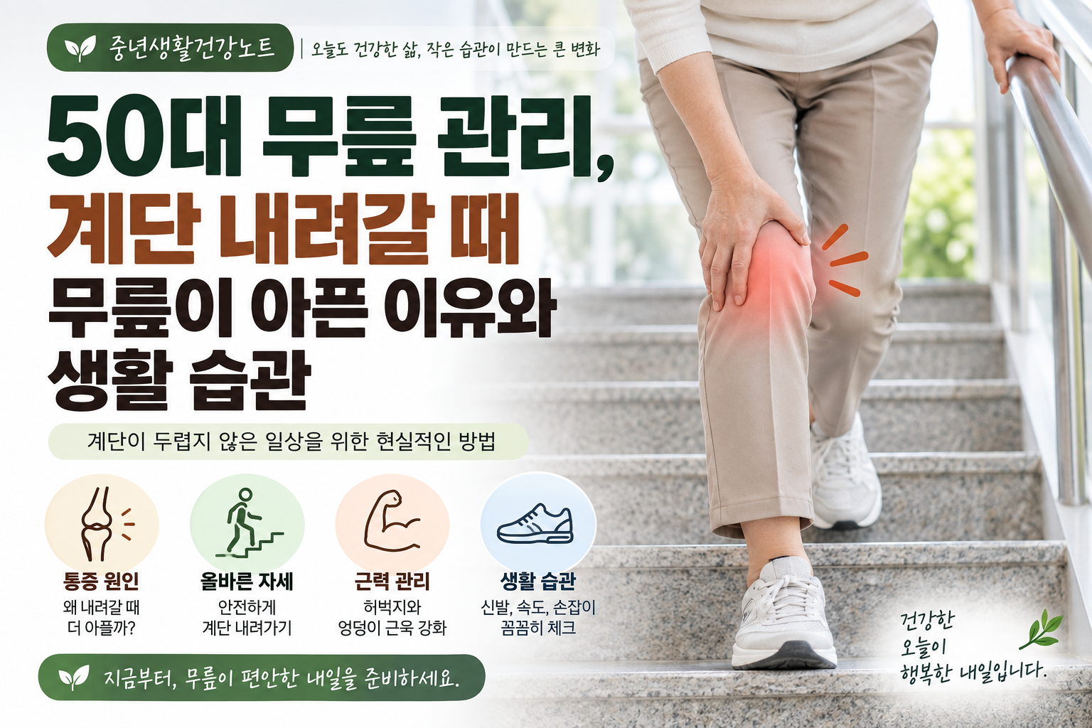 50대 무릎 관리, 계단 내려갈 때 무릎이 아픈 이유와 생활 습관