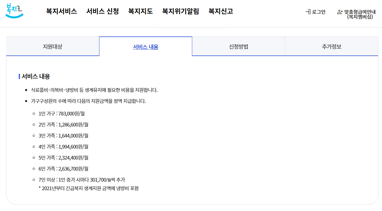 긴급복지 생계지원 신청방법 안내 화면