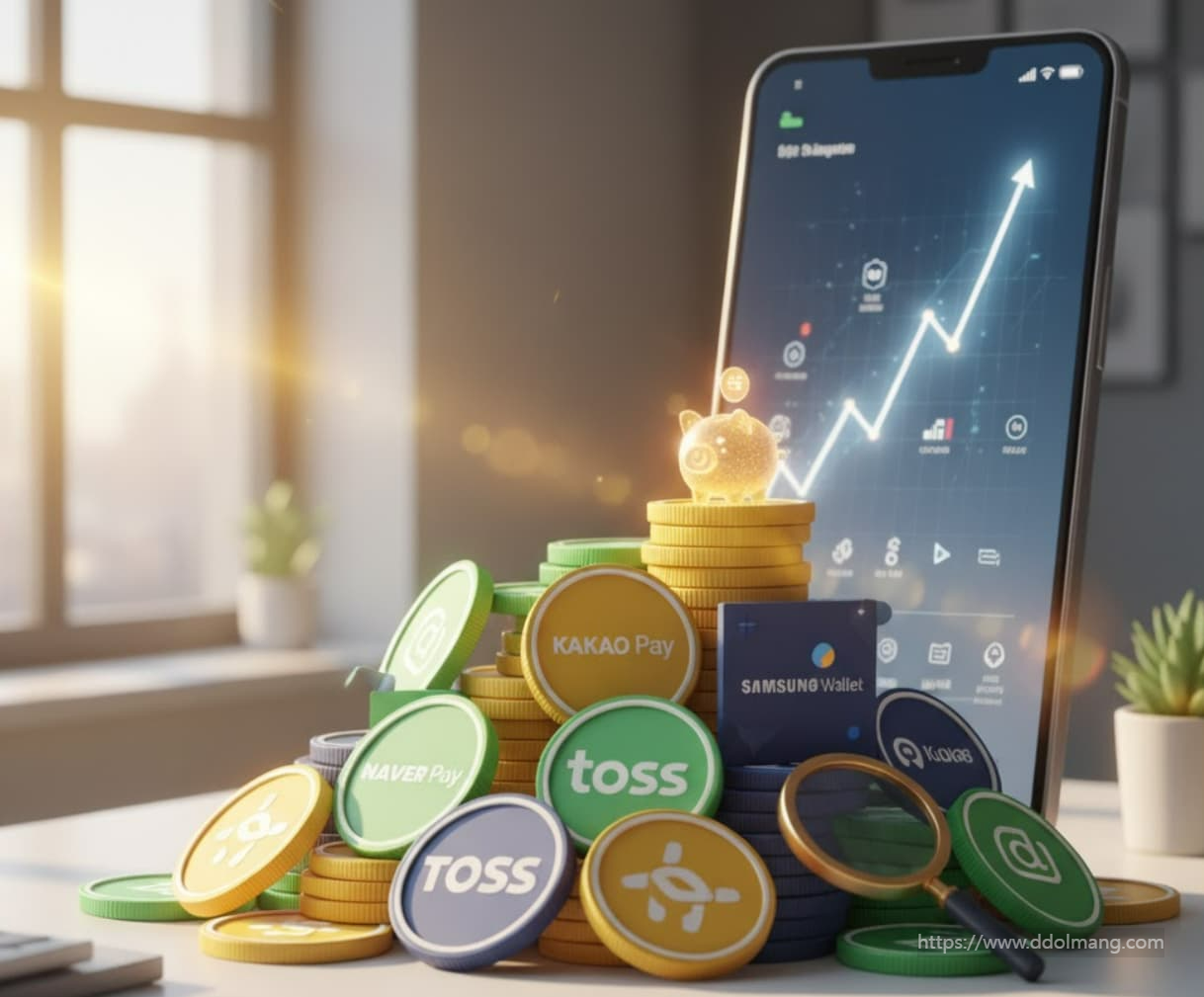 스마트폰 금융 앱에 뜬 상승 그래프와 그 앞에 저금통, 돋보기, 그리고 여러 핀테크 플랫폼을 상징하는 로고가 새겨진 동전들이 쌓여 있는 이미지. 포인트 재테크를 통한 자산 증식을 시각적으로 표현