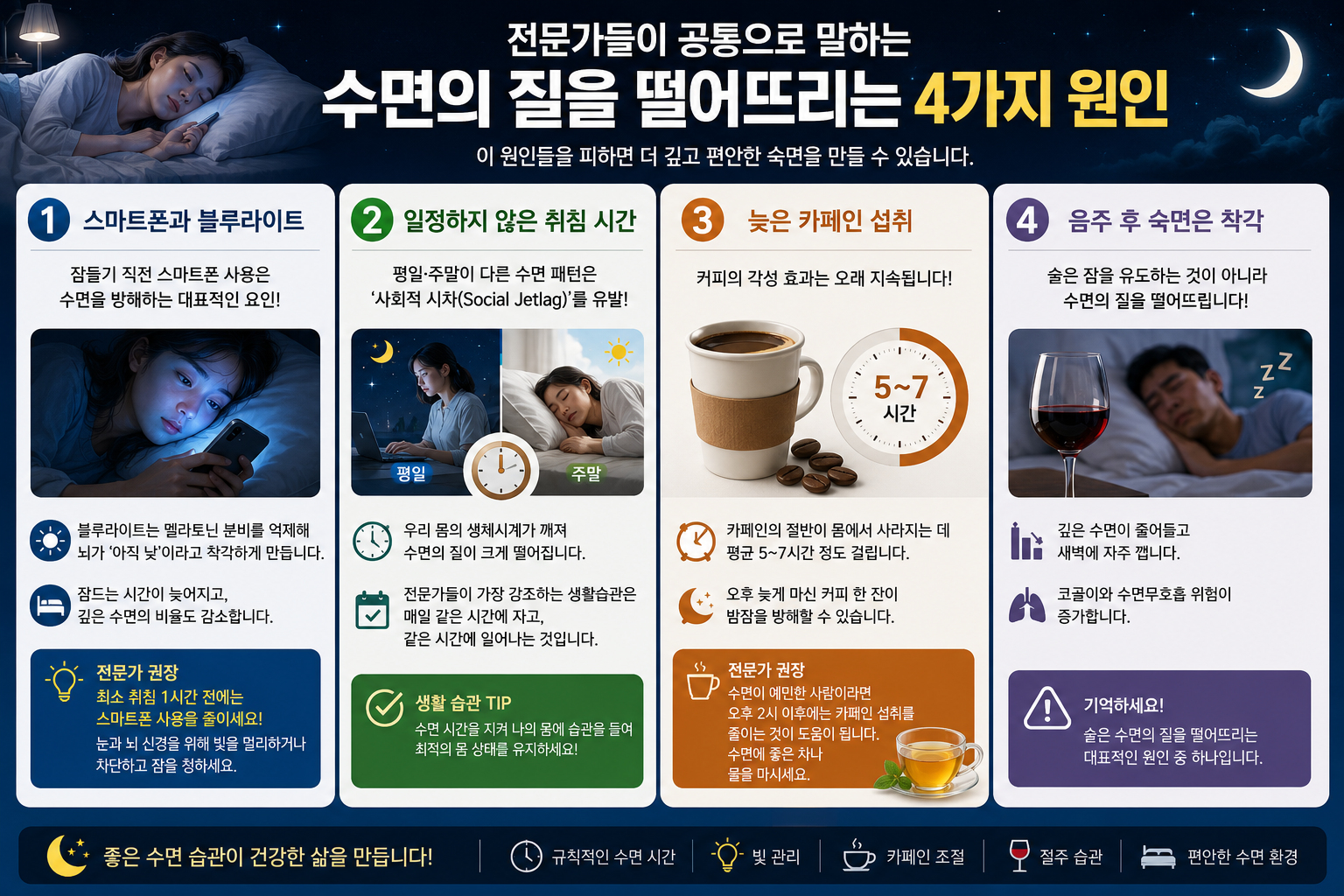 수면의 질을 떨어뜨리는 4가지 원인.