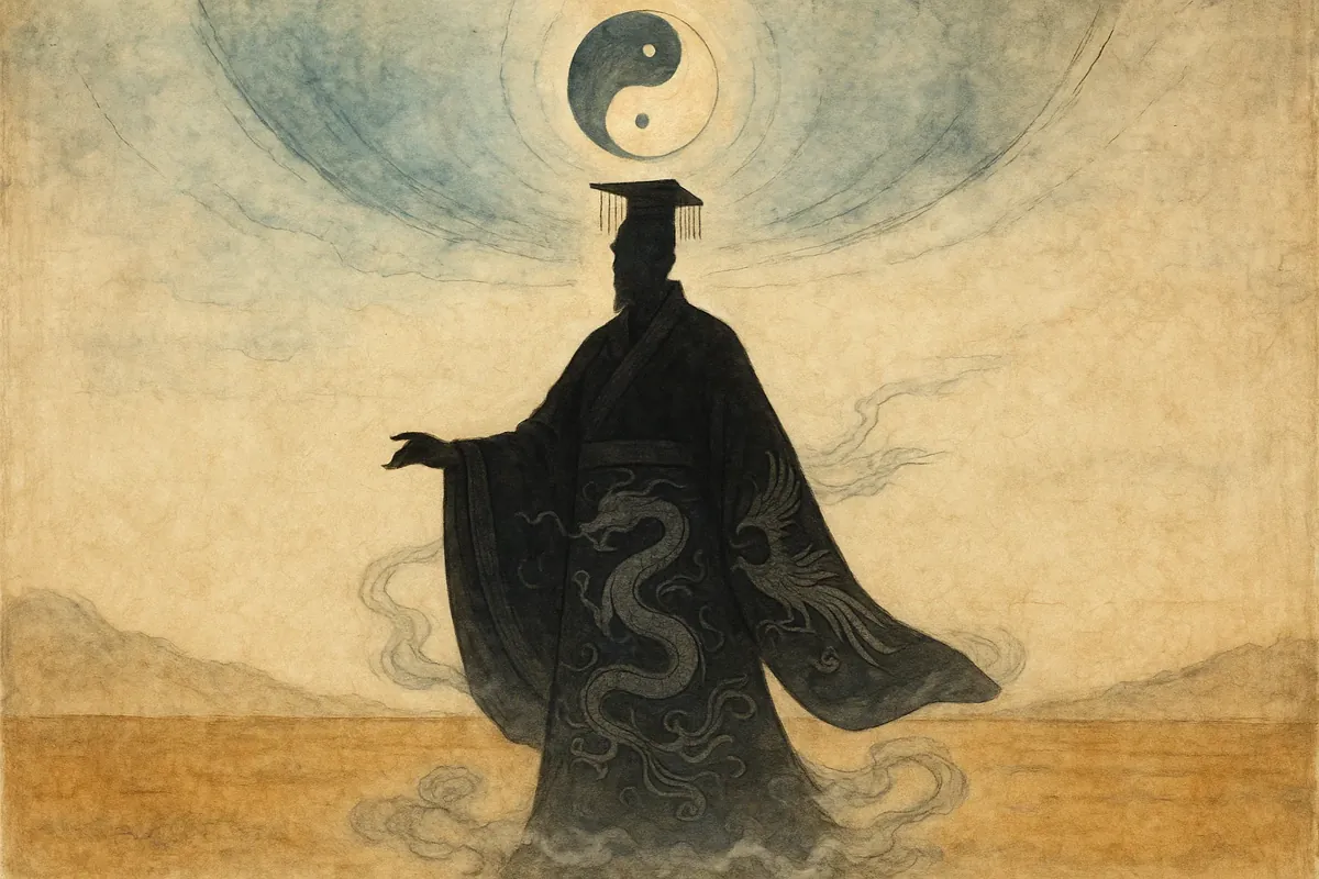 고대 중국 황제 전욱의 모습을 상징적으로 표현한 동양화 스타일 일러스트 - 음양의 조화와 천지 분리를 시각화