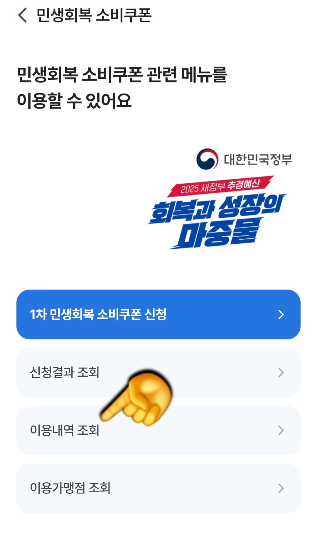 농협-민생지원금-NH페이-잔액조회-방법-안내-그러면-민생회복-소비쿠폰-관련-메뉴들을-볼-수-있는데요.-여기서-세-번째-줄에-있는-이용내역-조회를-클릭합니다.