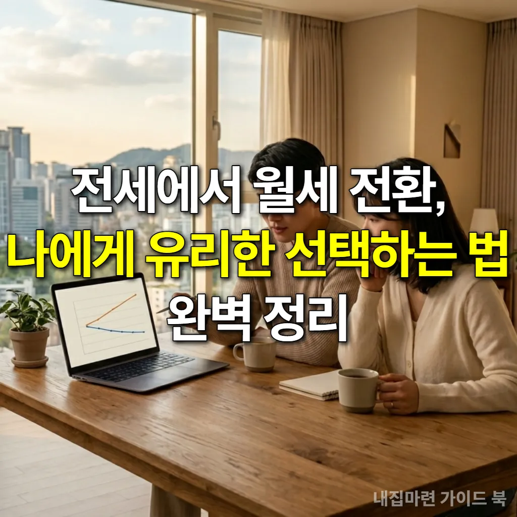 한국인 젊은 부부가 노트북 화면을 보며 전세와 월세 전환에 대해 고민하는 모습