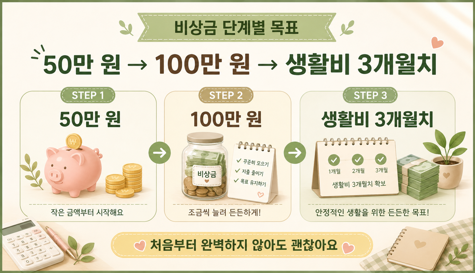 비상금통장 목표를 50만 원 100만 원 생활비 3개월치 순서로 정리한 이미지