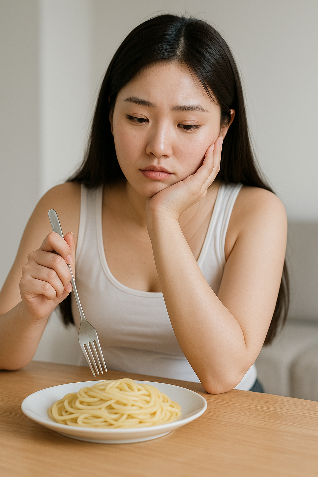 탄수화물 먹을까 말까 고민하는 여자