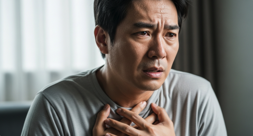심근경색 초기 신호로 가슴 통증과 식은땀을 느끼는 모습