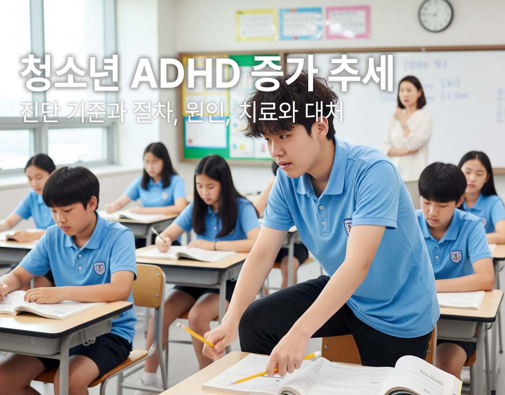 교실에서 다른아이들은 집중해서 공부하고있는데 과잉행동을 하는 ADHD청소년