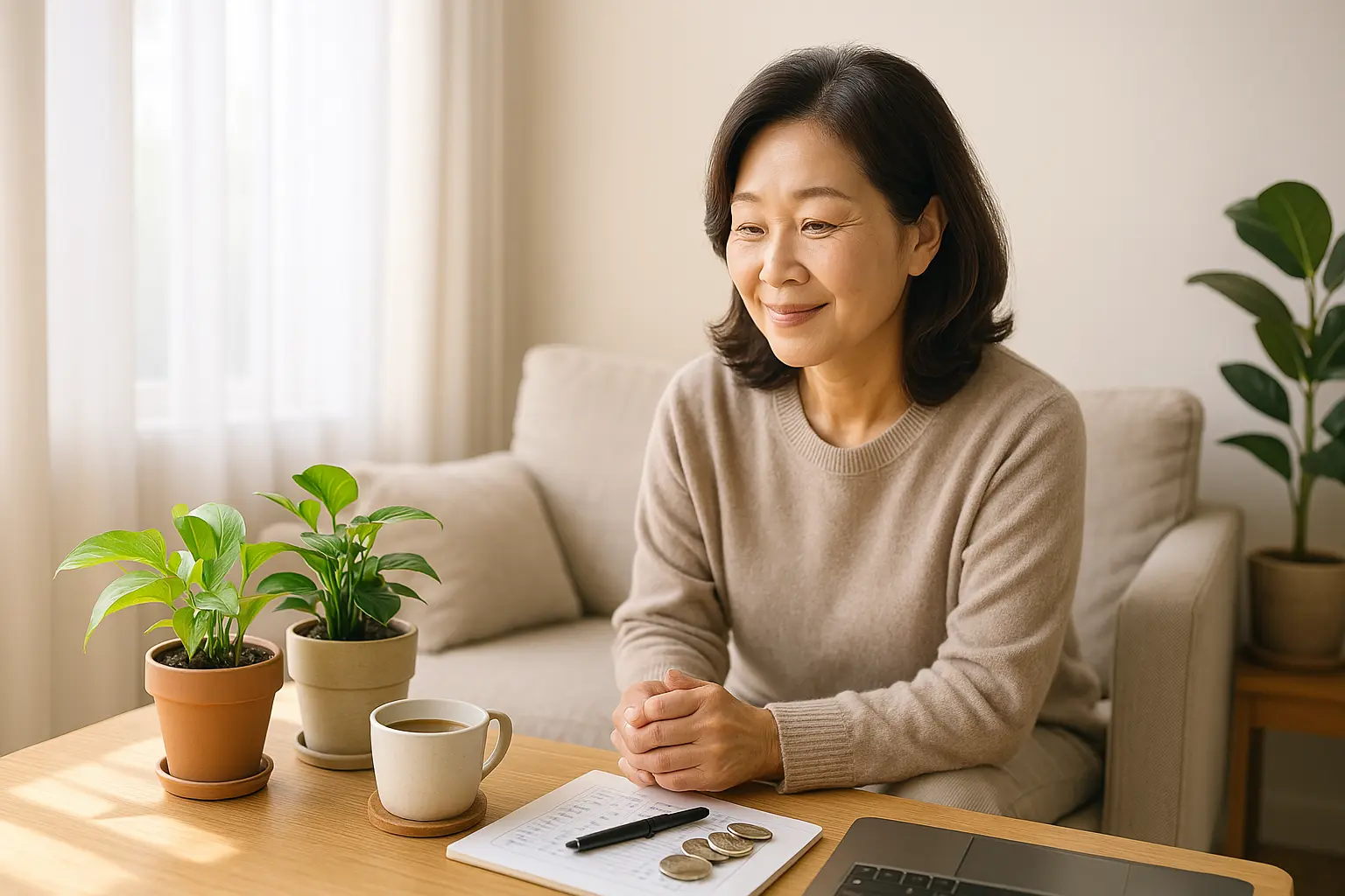 Korean woman enjoying a peaceful morning with houseplants – 반려식물과 함께 아침 햇살을 즐기는 한국 여성