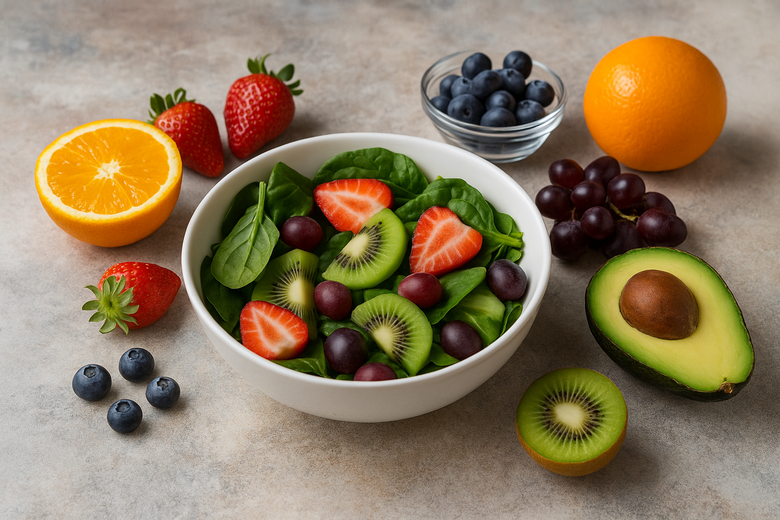 돌 질감 배경 위에 흰색 볼에 시금치, 딸기, 키위, 포도, 아보카도가 담겨 있고 주변에 블루베리, 오렌지, 포도가 놓여 있는 신선한 과일과 채소 모음