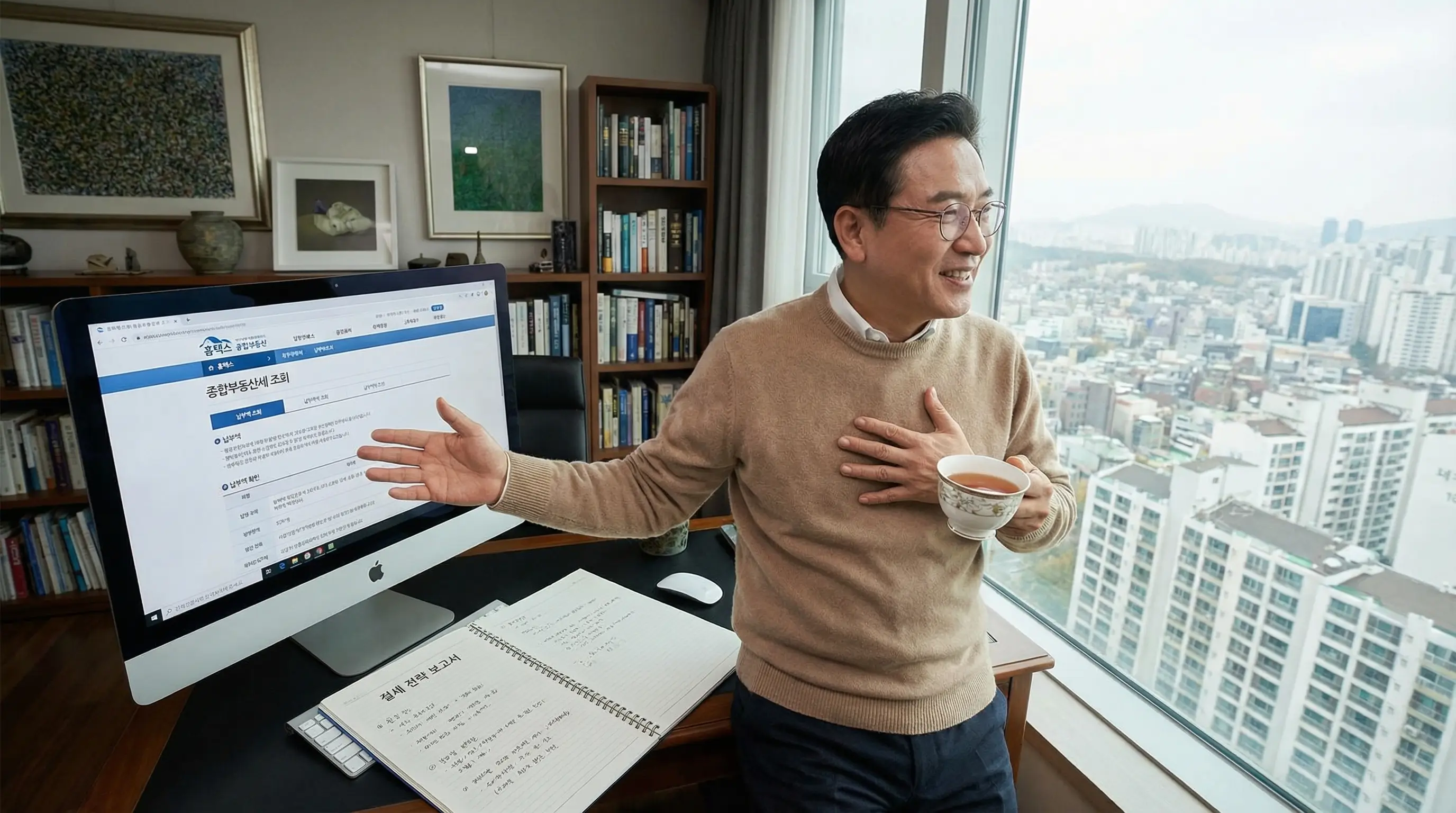 홈택스에서 미리 종합부동산세를 조회하고 절세 전략을 세운 후 안도하는 자산가의 모습