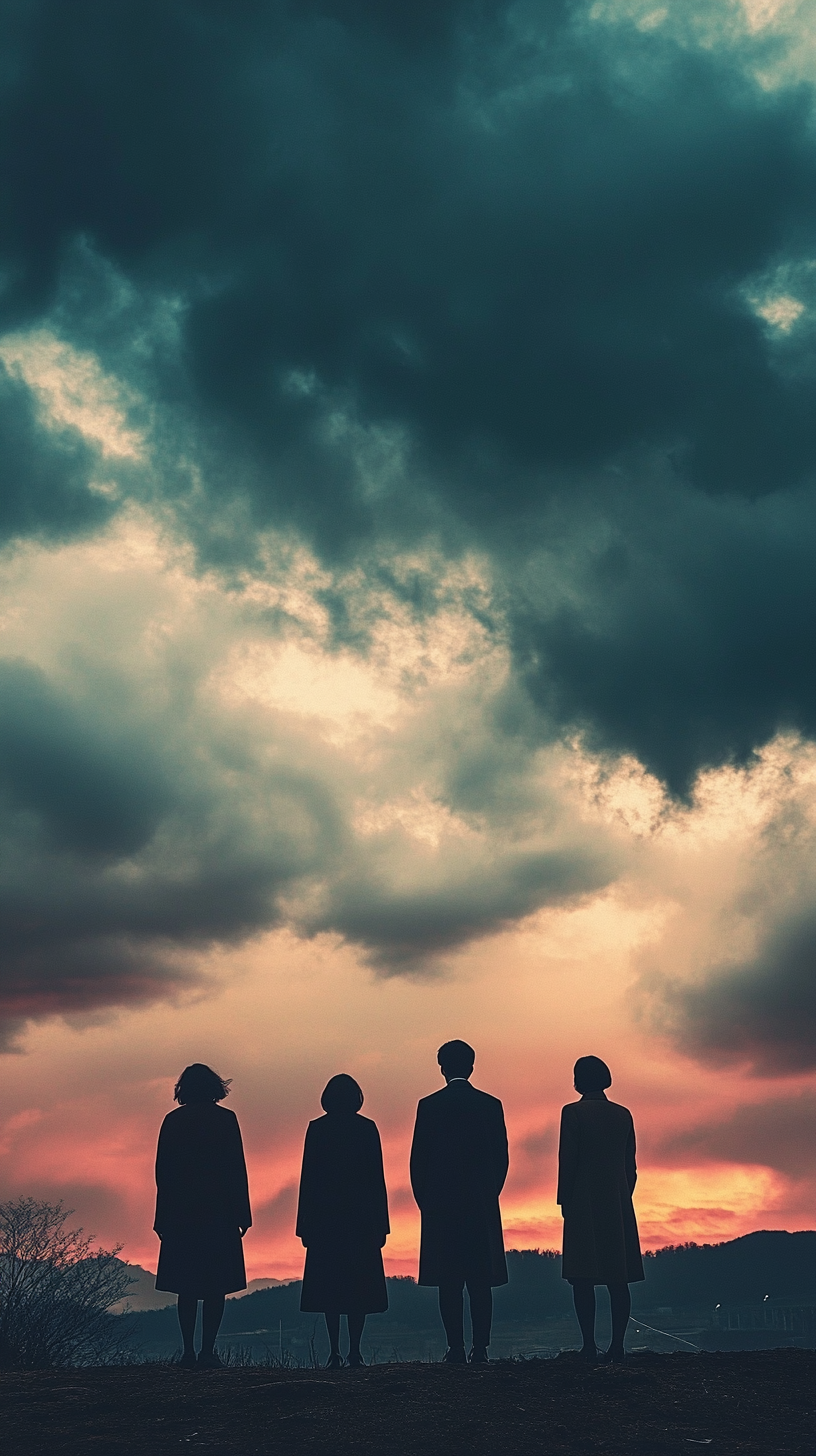 가슴 아픈 현실을 바라보고 있는 4명의 남녀 사진