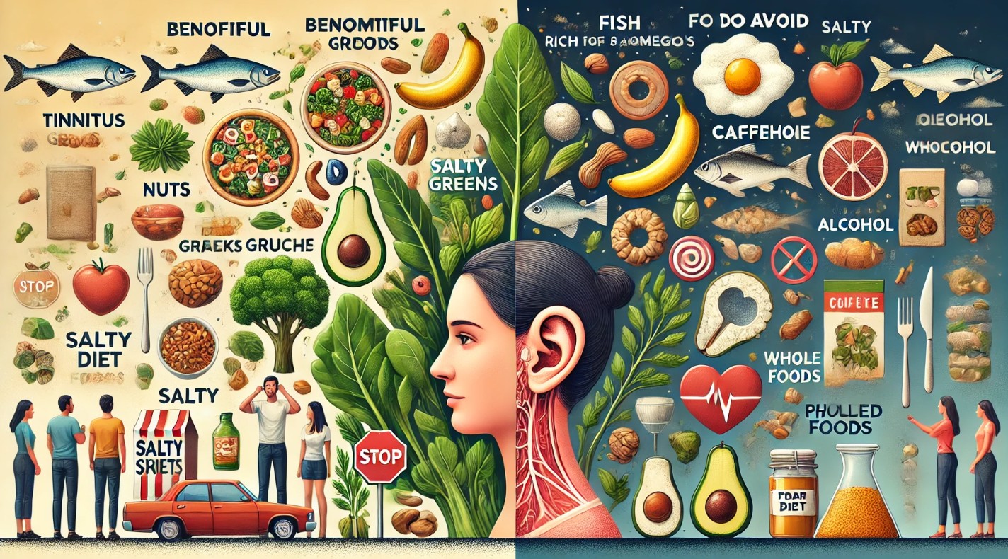 이명과 메니에르병 관리에 좋은 음식과 피해야 할 음식을 비교하는 이미지로 균형 잡힌 영양 정보 이미지