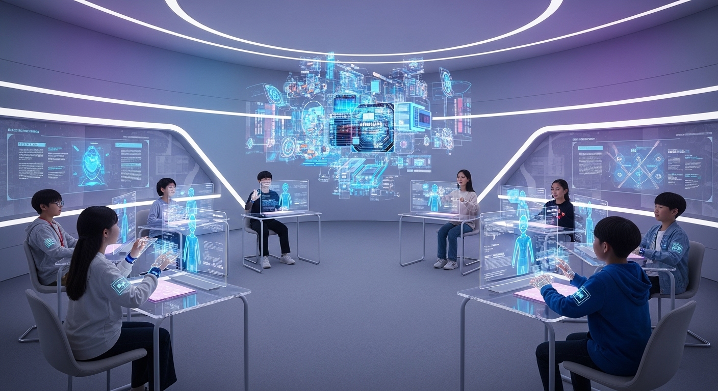 2030년 미래형 AI교육센터에서 홀로그램 기술로 학습하는 모습