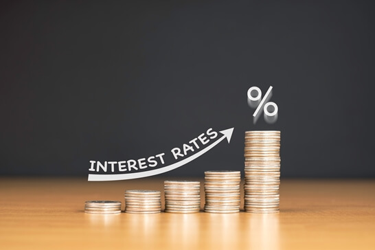 동전이 점점 높이 쌓여지고 &#39;interest rates&#39;라고 쓰여 있습니다.