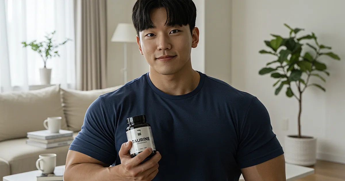 보디빌더가 거실에서 타우린 보충제를 들고 있는 사진