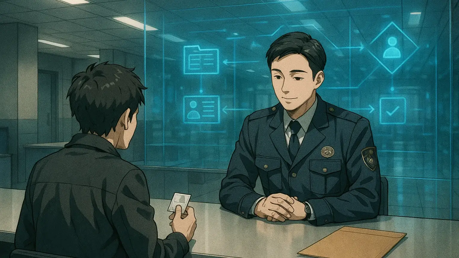 경찰서 신고접수창구에서 시민이 상담받는 모습과 처리절차 흐름도가 함께 보이는 장면