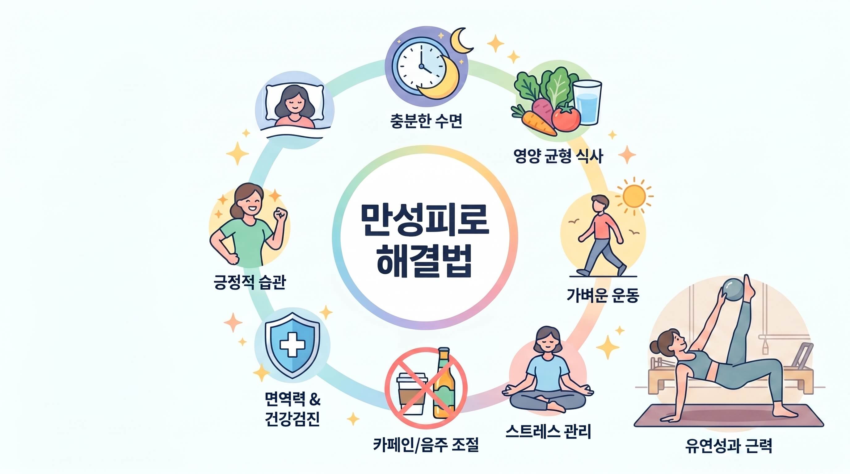 만성피로 해결을 위한 건강한 생활 습관 요약 이미지