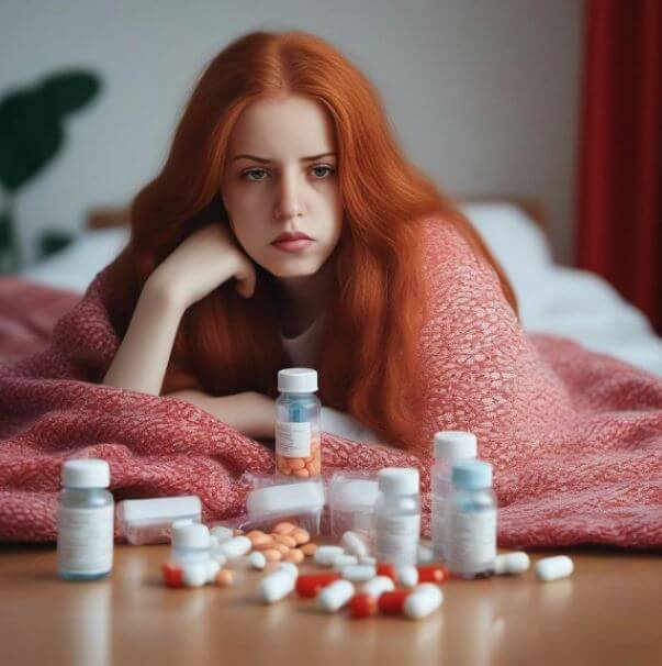 약 앞에서 고민하는 여성