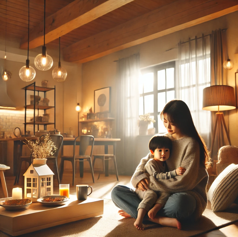 부모와 자녀가 함께 웃으며 시간을 보내는 아늑한 행복주택의 실내 모습