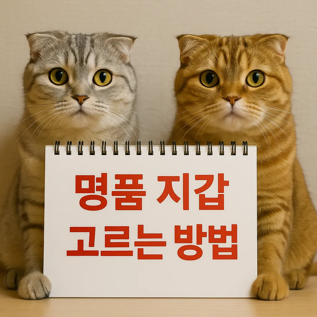 두 마리 귀여운 고양이가 &quot;명품 지갑 고르는 방법&quot;이라는 빨간색 문구를 들고 있는 모습