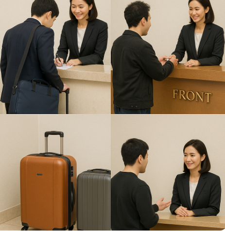 일본 호텔에서 투숙객이 체크인 서류를 작성하고 직원과 대화를 나누는 모습, 짐 보관 장면이 포함된 사진