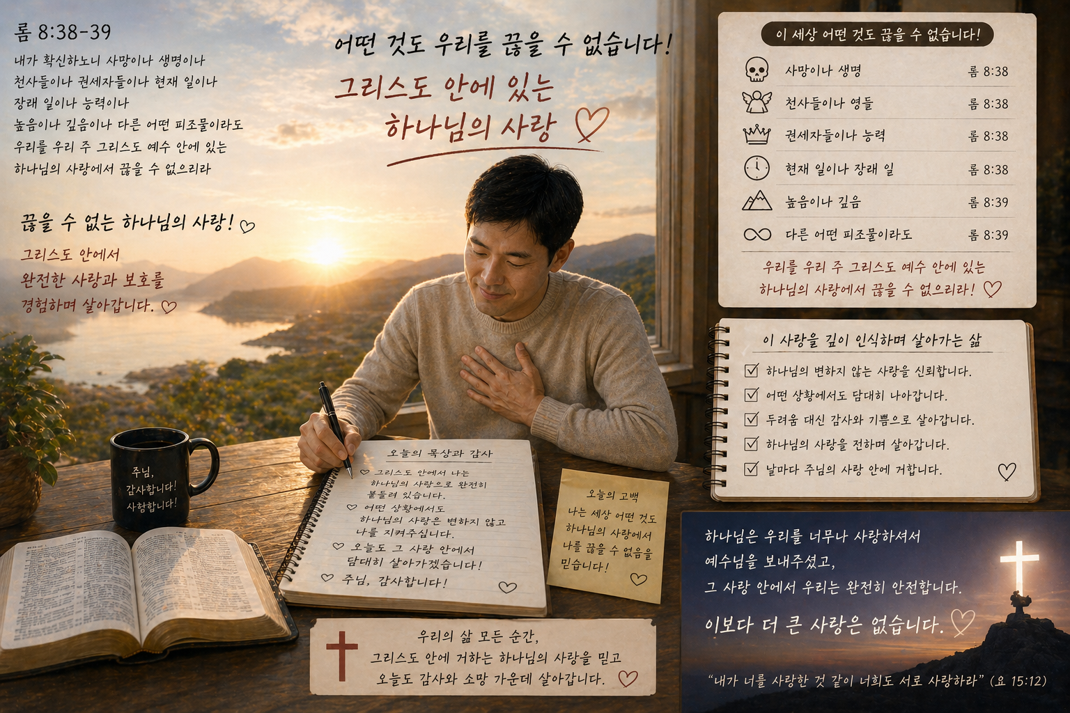 롬 8:38-39에서 이 세상에 있는 힘과 능력과 천사들이나 영들&amp;#44; 나아가 생명과 죽음까지도 끊을 수 없는 그리스도 안에서 하나님의 사랑을 깊이 인식하며 살아가는 시도를 하는 모습입니다.