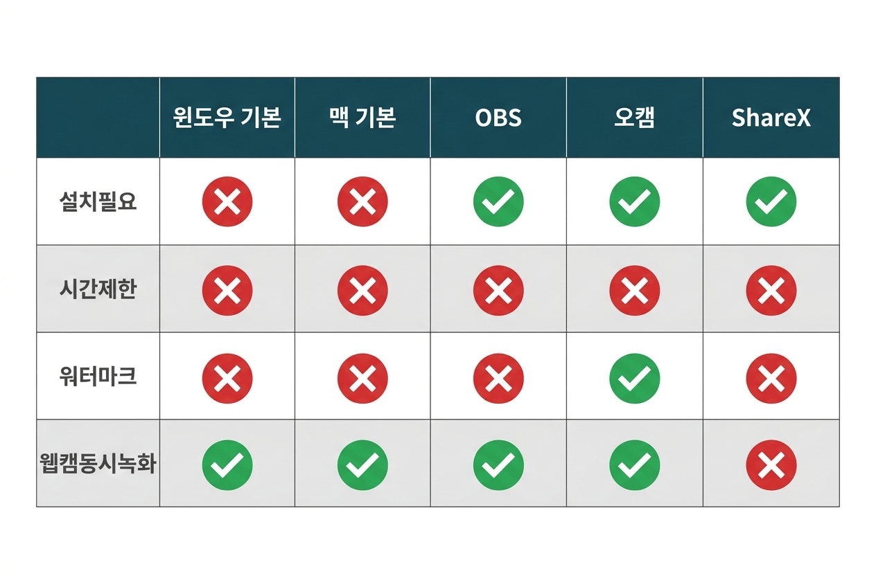 화면 녹화 도구별 기능 비교 인포그래픽