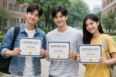 장학증서 들고 있는 대학생들