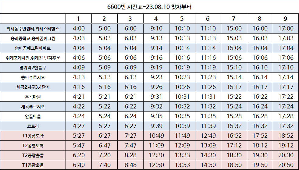 공항버스 6600 새 버스 시간표