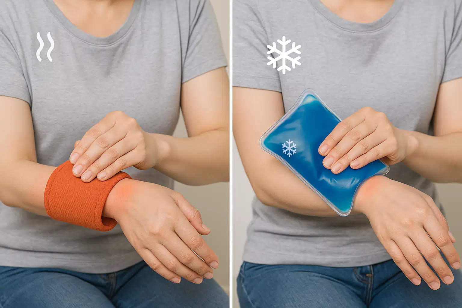 오른쪽 손목에 냉찜질 팩을 대는 장면과 온찜질 팩을 대는 장면