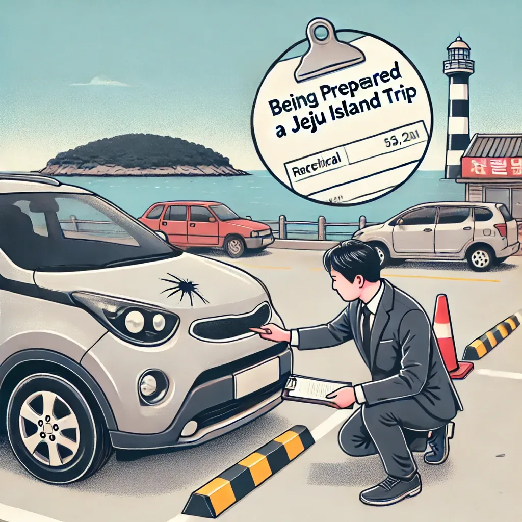 렌트카의 긁힘을 점검하는 운전자의 모습