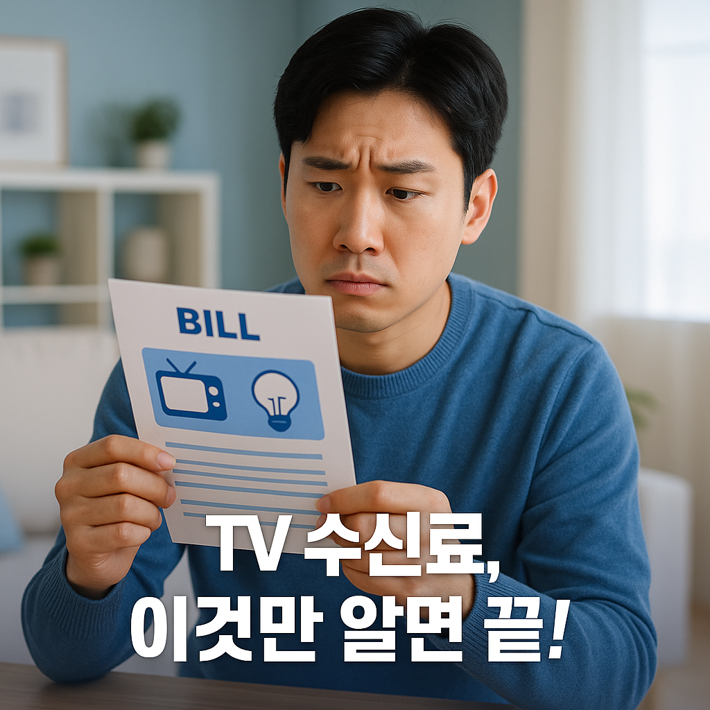 TV와 전기 아이콘이 표시된 청구서를 들여다보며 약간 당황한 표정을 짓는 사람의 그래픽 일러스트